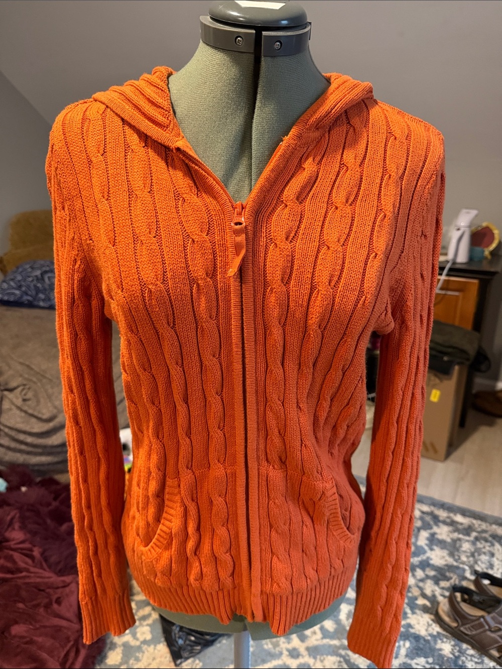 St. John's Bay Orange Cable-Knit Hooded Zip Cardigan